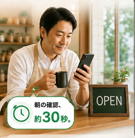 朝、スマートフォンでAI検索くんを確認する店長