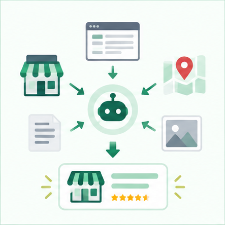 店舗・Webページ・地図などの情報がAI検索へ集約されるイメージ